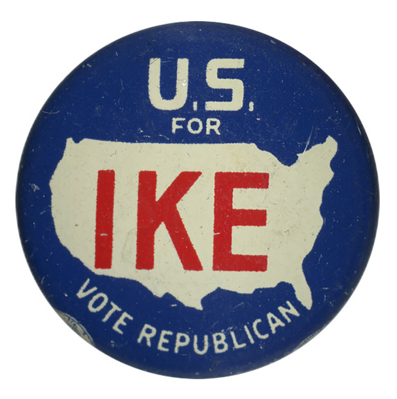 Round, blue button with a white silhouette of the United States. Text reads "U.S. for Ike Vote Republican". 