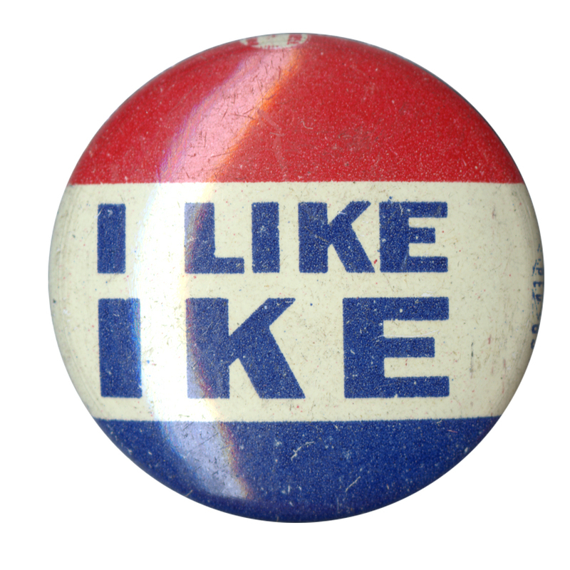 Round button with three horizontal stripes of red, white, and blue. Blue text on the center, white stripe reads "I like Ike". 