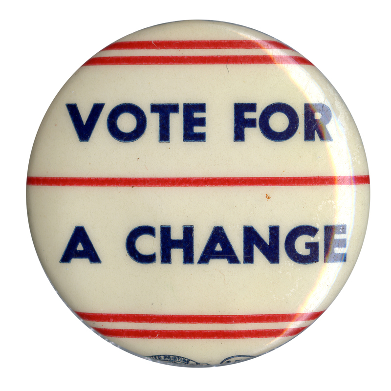 Round, white button with narrow, red, horizontal stripes. Blue text reads "Vote for a change". 