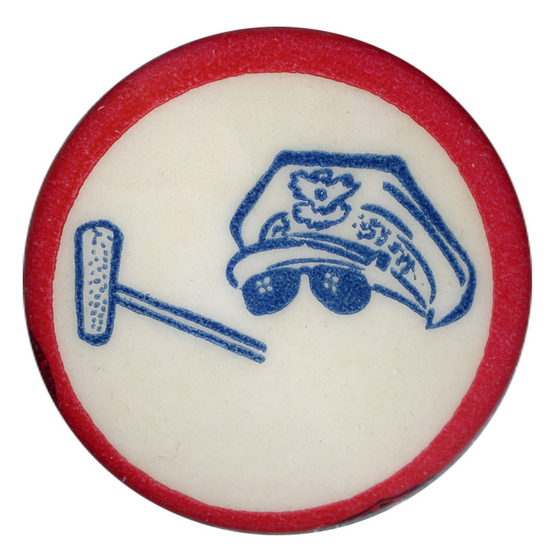 Round, white button with a red border. A drawing of crush cap, corncob pipe, and sunglasses is at the center. 