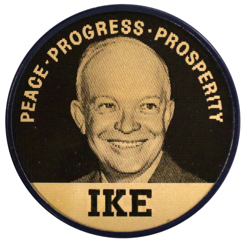 Round black and white button with a portrait of Dwight D. Eisenhower. Text reads "Peace, Progress, Prosperity, Ike". This is one angle of a holographic button.