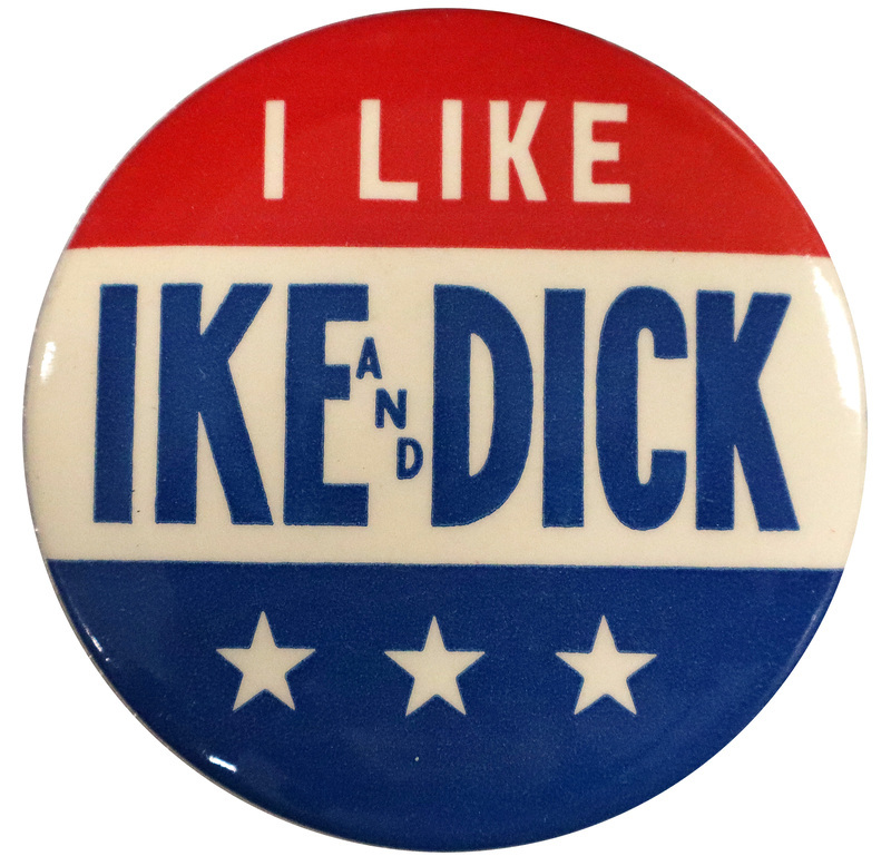 Round button with three horizontal stripes of red, white, and blue, meant to resemble a US flag. There are three white stars across the bottom. White and blue text reads "I like Ike and Dick" across the top two stripes.