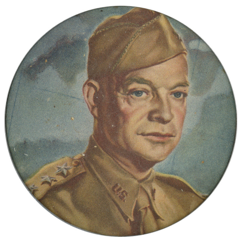 Round button with a color portrait of Dwight D. Eisenhower in a military uniform.