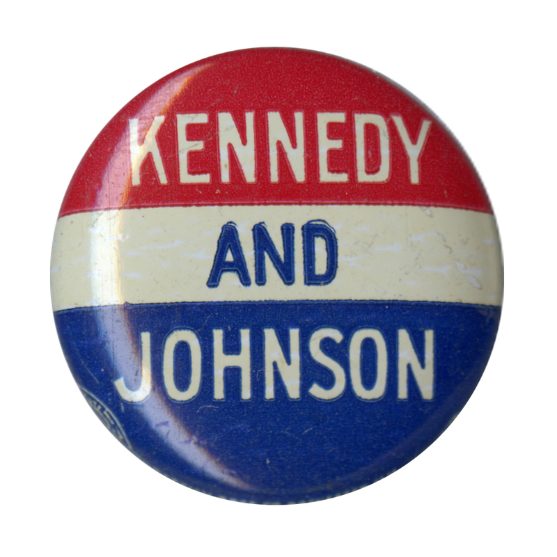 Round button with three horizontal stripes of red, white, and blue stripes. White and blue text reads "Kennedy and Johnson". 