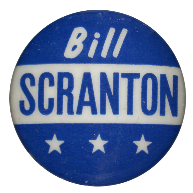 Round button with three horizontal stripes of blue, white, and blue. White and blue text reads "Bill Scranton" across the top two stripes. On the third, bottom stripe there are three white, decorative stars. 