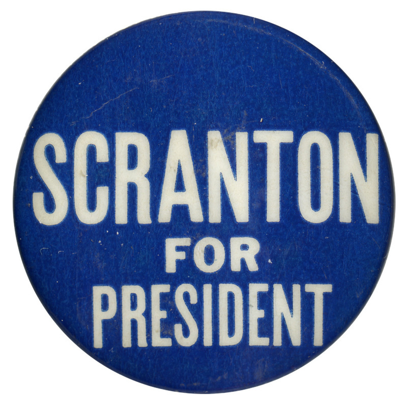 Round, blue button with white text reading "Scranton for President". 