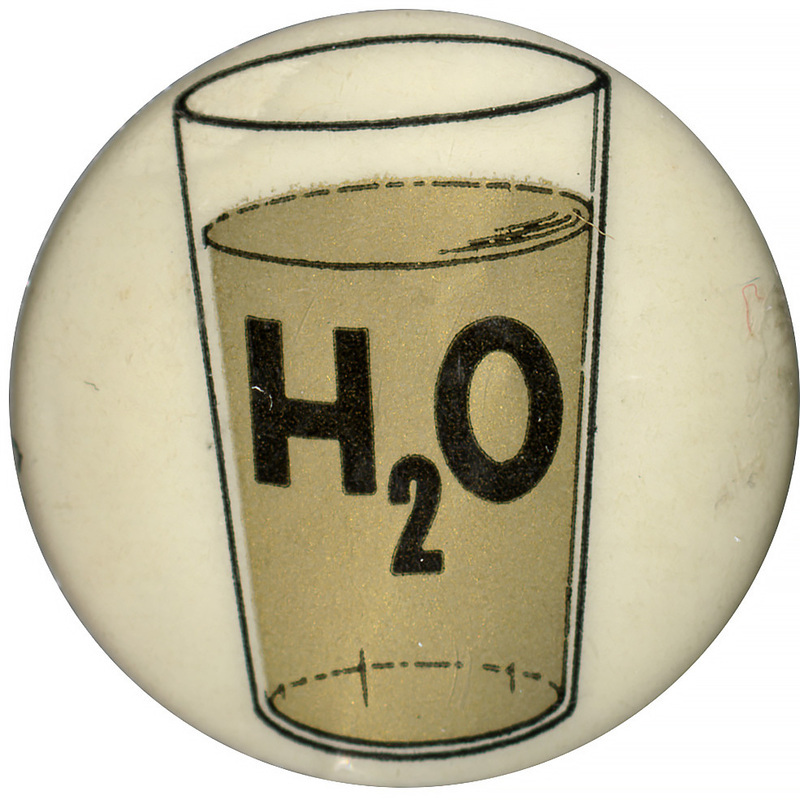 Round, white button with a drawing of a cup filled with gold-colored water. Black text reading "H two O" in the cup. The button is a reference to Barry Goldwater.