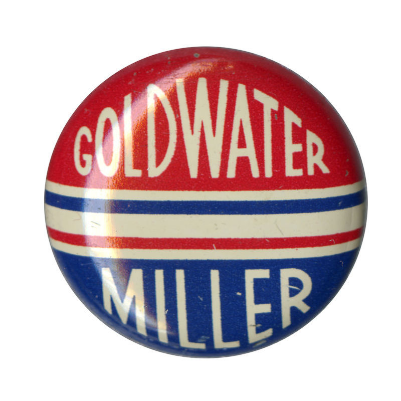 Round button with blue and red stripes and the text: "Goldwater Miller."