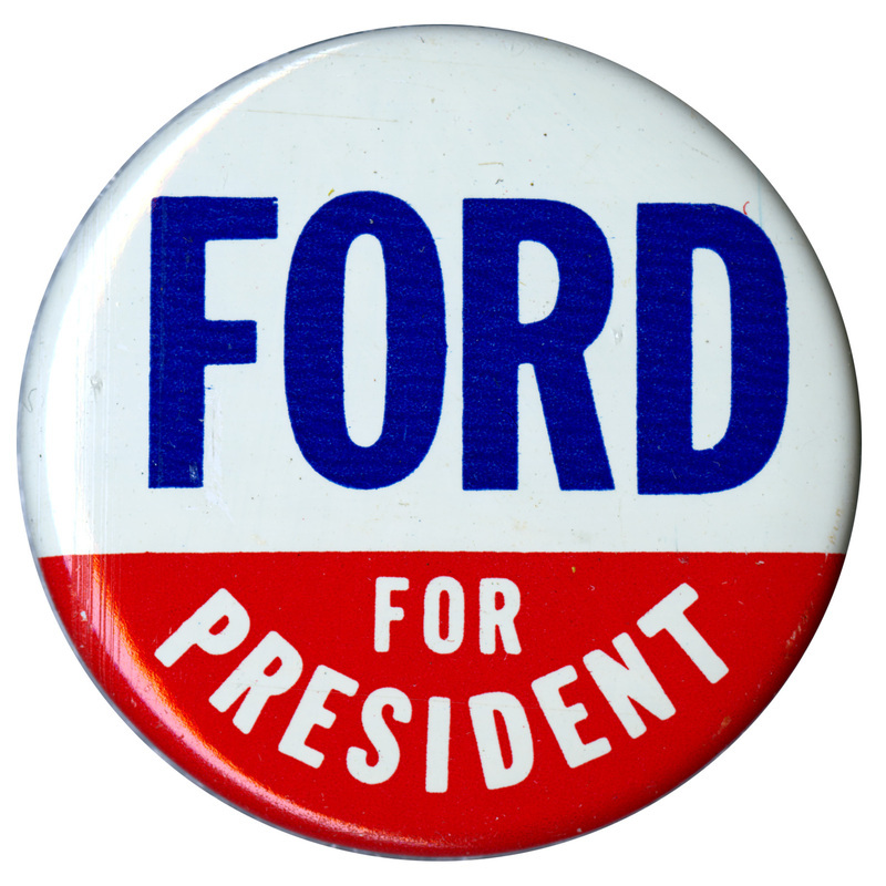 Round, white and red button with blue and white text reading "FORD FOR PRESIDENT"