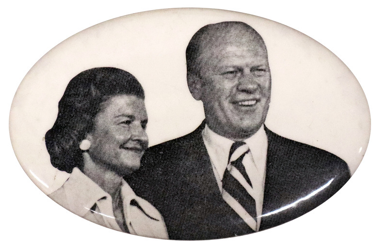Oval button with a black and white photograph of Betty and Gerald Ford.