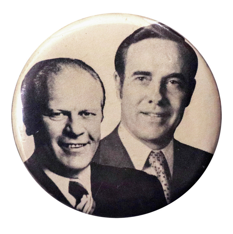 Round, white button with black and white portraits of Gerald Ford and Bob Dole.