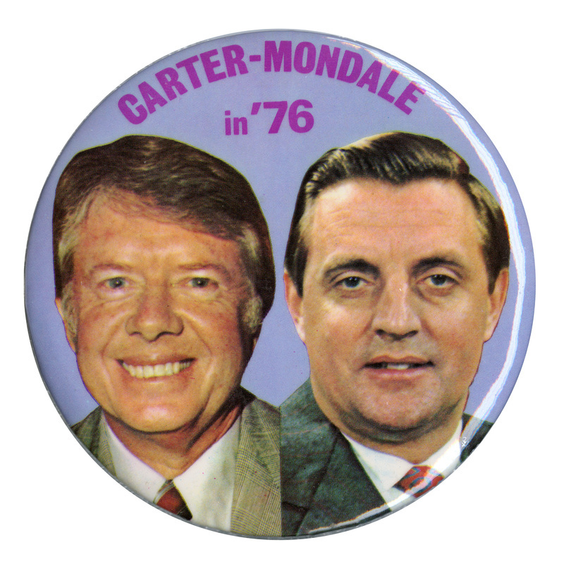 Round, lavender button with color portraits of Jimmy Carter and Walter Mondale. Purple text reads "CARTER-MONDALE in '76"