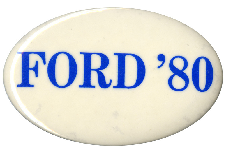 Oval, white button with blue text reading "FORD '80"