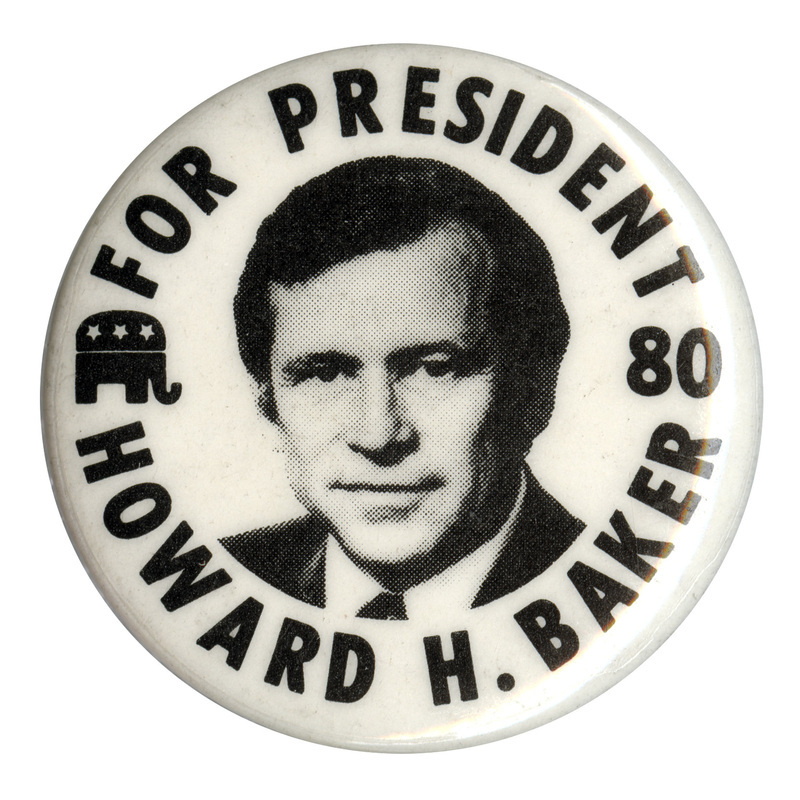 Round, white button with a black and white photograph of Howard H. Baker, Jr., and a black drawing of the GOP elephant symbol. Black text reads "FOR PRESIDENT HOWARD H. BAKER 80"