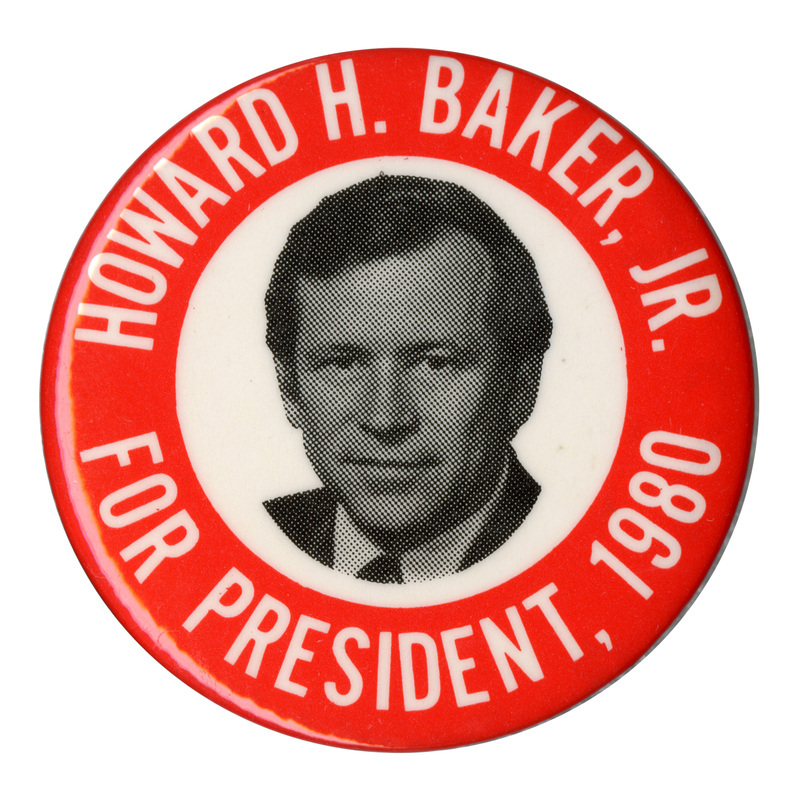 Round, red button with a black and white photograph of Howard H. Baker, Jr., in a white circle in the center. White text reads "HOWARD H. BAKER, JR. FOR PRESIDENT, 1980"