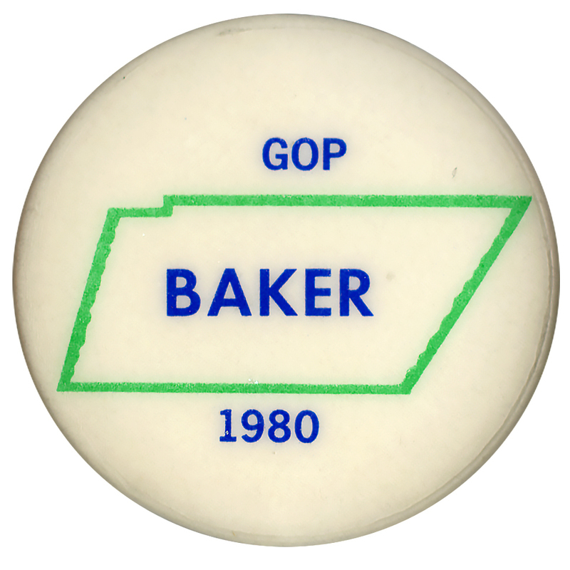 Round, white button with a green outline of the state of Tennessee. Blue text reads "GOP BAKER 1980"