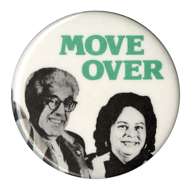 Round, white button with black and white photographs of Barry Commoner and LaDonna Harris. Green text reads "MOVE OVER"