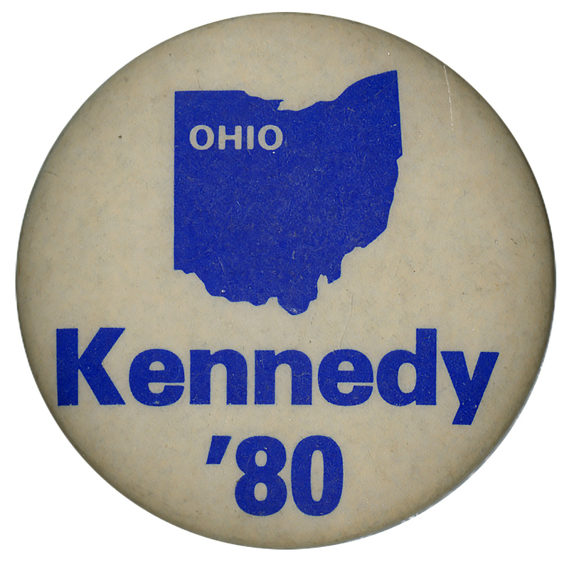 Round, beige button with a blue drawing of the state of Ohio. White and blue text reads "OHIO Kennedy '80"
