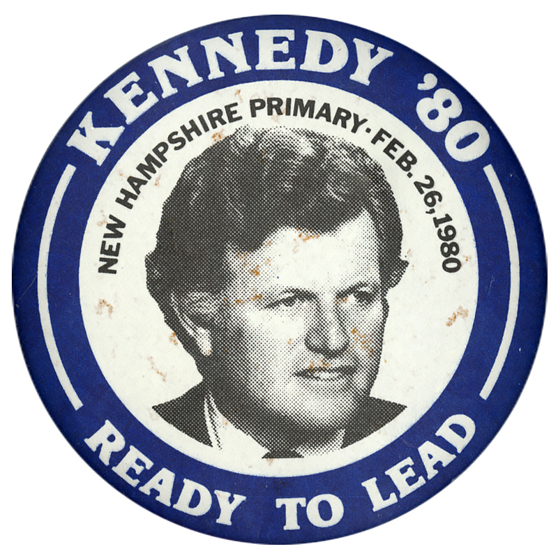 Round button with a blue border and a white center containing a black and white photograph of Ted Kennedy. White and black text reads "KENNEDY '80 READY TO LEAD NEW HAMPSHIRE PRIMARY - FEB. 26, 1980"