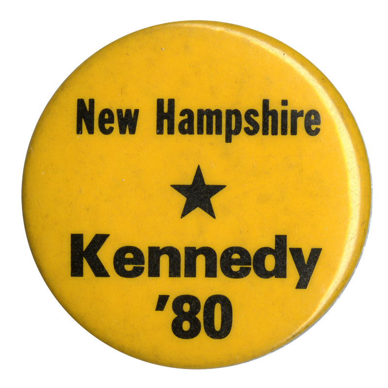 Round, yellow button with black text reading "New Hampshire Kennedy '80"