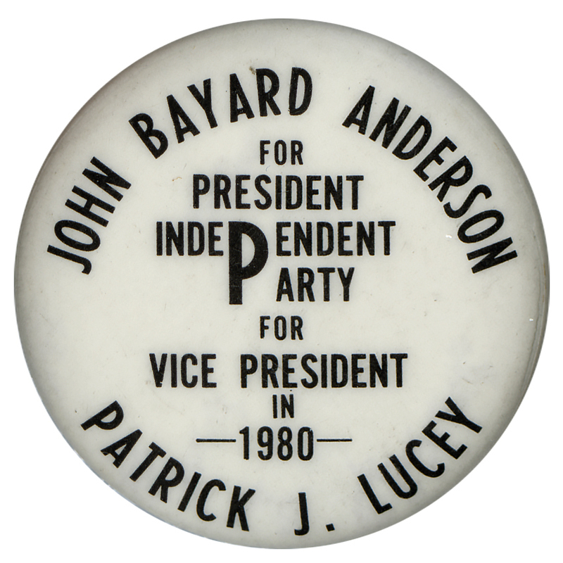 Round, white button with black text reading "JOHN BAYARD ANDERSON FOR PRESIDENT INDEPENDENT PARTY PATRICK J. LUCEY FOR VICE PRESIDENT IN 1980"