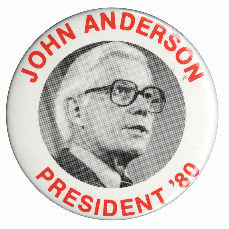 Round, white button with a black and white photograph of John Anderson. Red text reads "JOHN ANDERSON PRESIDENT '80"