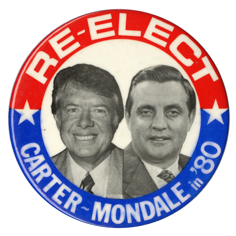 Round button with red and blue border and black and white photographs of Jimmy Carter and Walter Mondale in a white circle in the center. White text reads "RE-ELECT CARTER-MONDALE in '80"
