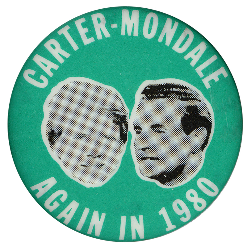 Round, green button with black and white photographs of Jimmy Carter and Walter Mondale. White text reads "CARTER-MONDALE AGAIN IN 1980"