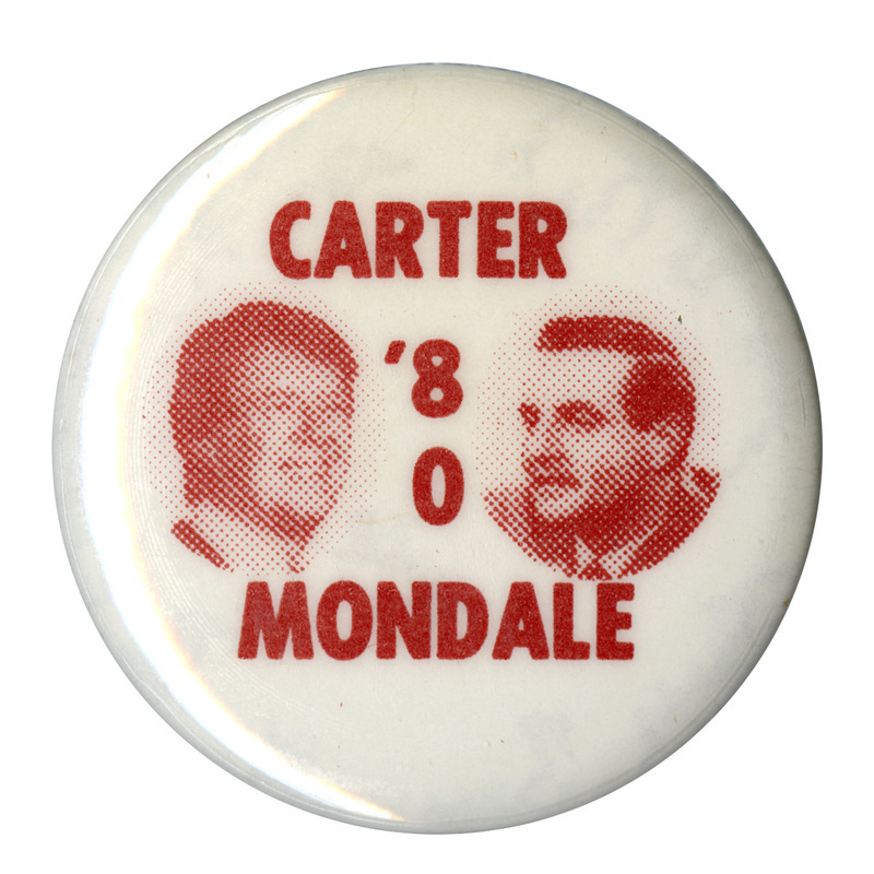 Round, white button with brown photographs of Jimmy Carter and Walter Mondale. Brown text reads "Carter '80 MONDALE"