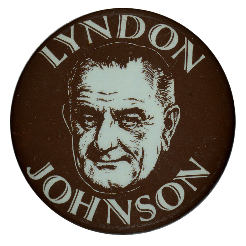 Round, black button with a portrait of Lyndon B. Johnson and white text reading "Lyndon Johnson."