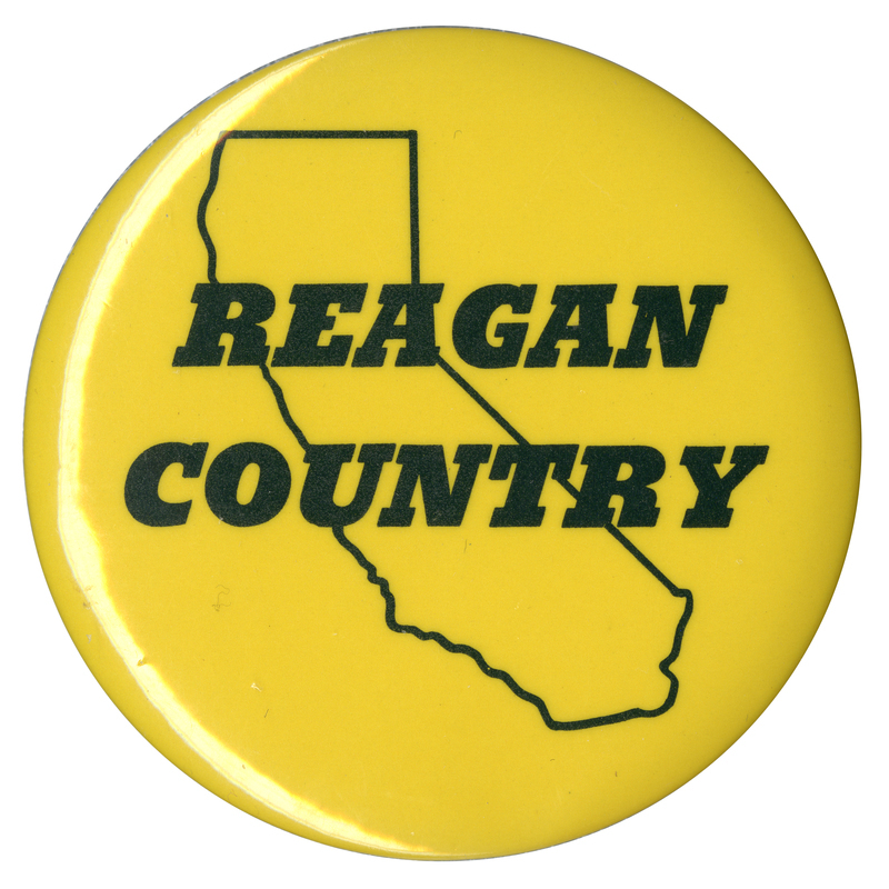 Round, yellow button with a black outline of the state of California and black text reading "Reagan Country."