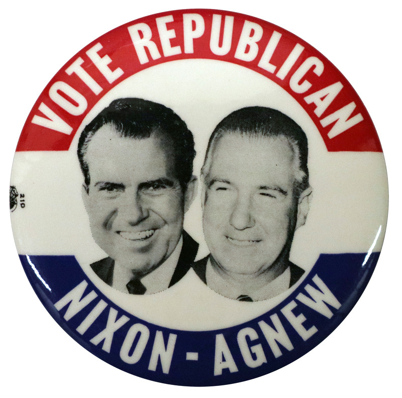 Round, white button with portraits of Richard Nixon and Spiro Agnew. White text in red and blue bands along the edge reads "Vote Republican, Nixon-Agnew."