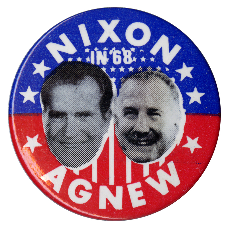 Round, blue and red button with portraits of Richard Nixon and Spiro Agnew and white stars and stripes. White text reads "Nixon in '68, Agnew."