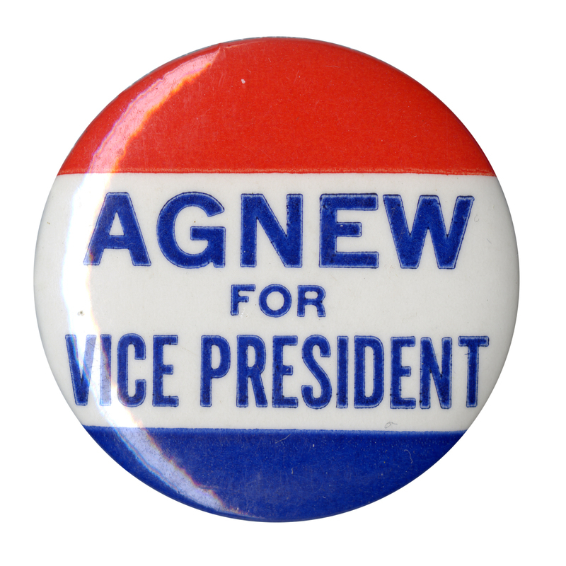 Round, red, white, and blue button with blue text reading "Angew for vice president."