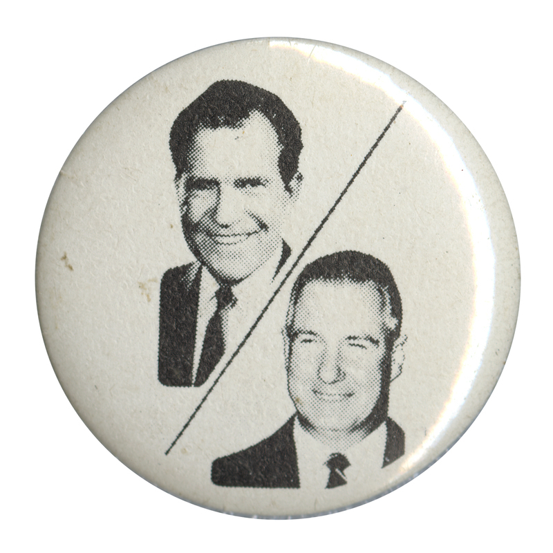 Round, white button with black portraits of Richard Nixon and Spiro Agnew separated by a diagonal black line.
