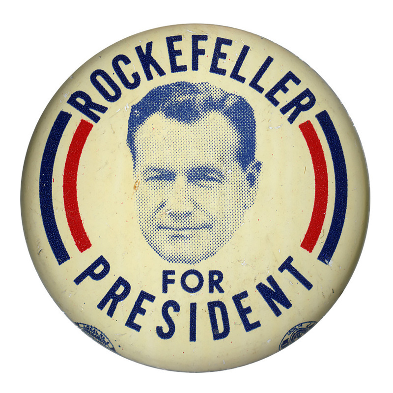 Round, white button with a portrait of Nelson Rockefeller surrounded by red and blue stripes and the text "Rockefeller for President."