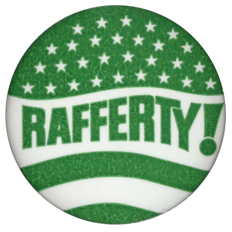 Round button with green and white stars and stripes and green text reading "Rafferty!"