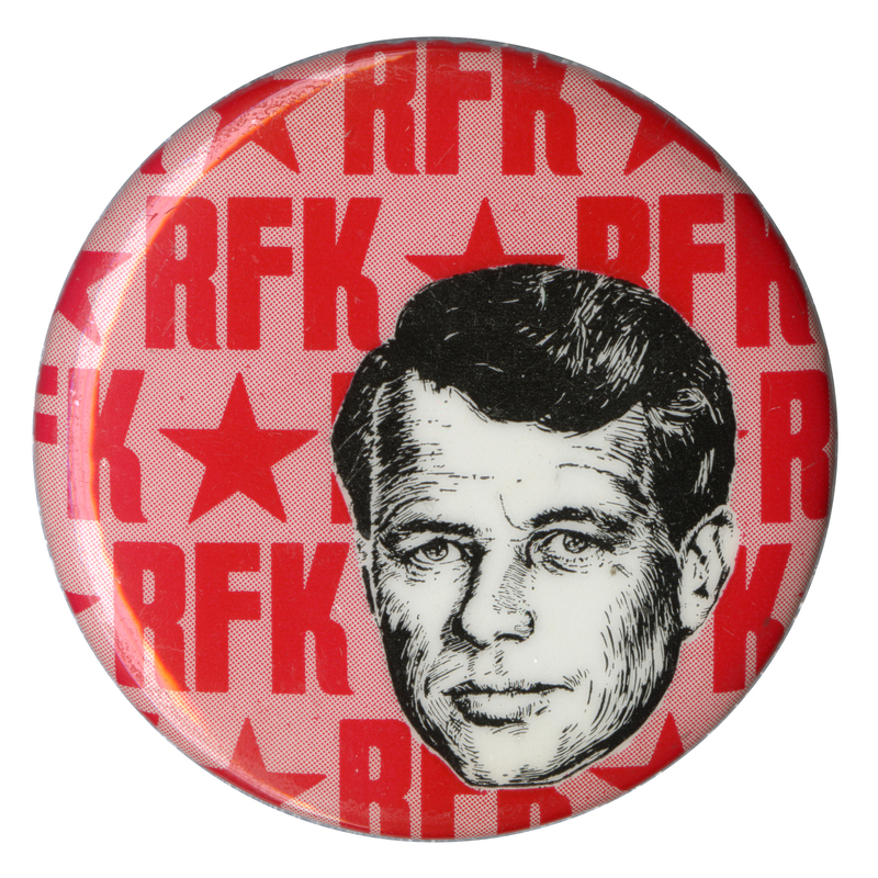 Round button with a black and white drawing of Robert F. Kennedy against a backdrop patterned with red stars and the text "RFK."