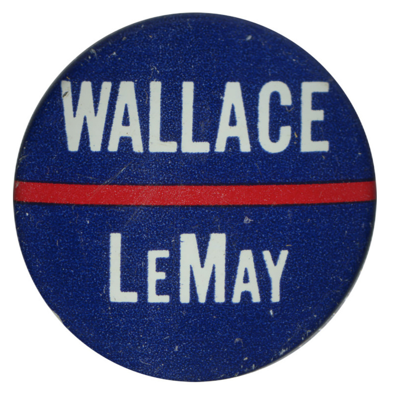 Round, blue button bisected by a red stripe. White text reads "Wallace LeMay."