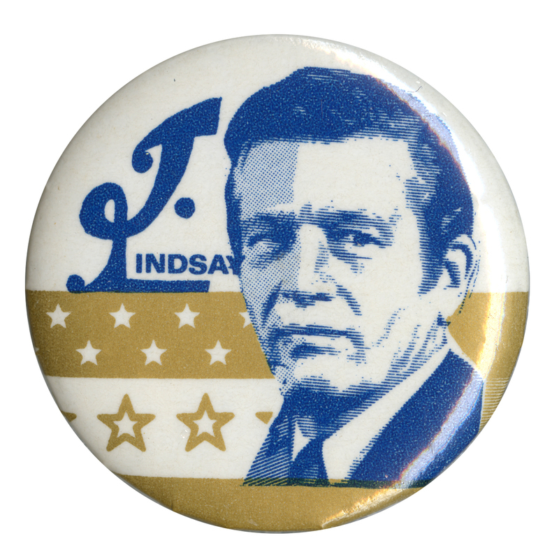 Round, white button with a portrait of John Lindsay and gold stars. Blue text reads "J. Lindsay."