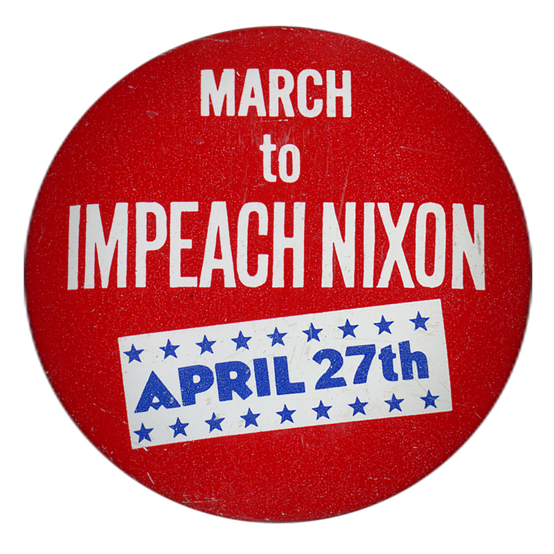 Round, red button with white text reading "MARCH to IMPEACH NIXON." A white box with blue stars includes blue text reading "APRIL 27th"