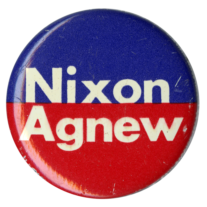 Round, red and blue button with white text reading "Nixon Agnew"