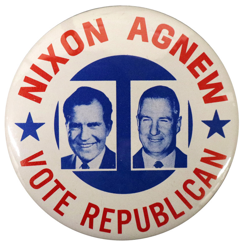 Round, white button with blue portraits of Richard Nixon and Spiro Agnew bracketed by blue stars. Red text along the edge of the button reads "NIXON AGNEW VOTE REPUBLICAN"