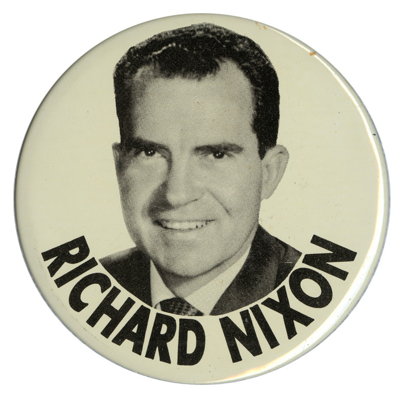Round, white button with a black and white portrait of Richard Nixon and black text reading "RICHARD NIXON"