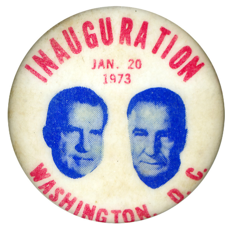 Round, white button with blue portraits of Richard Nixon and Spiro Agnew and red text reading "INAUGURATION JAN. 20 1973 WASHINGTON, D. C."