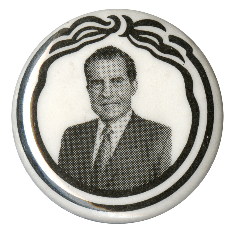 Round, white button with black stripe decorations and a black and white portrait of Richard Nixon.