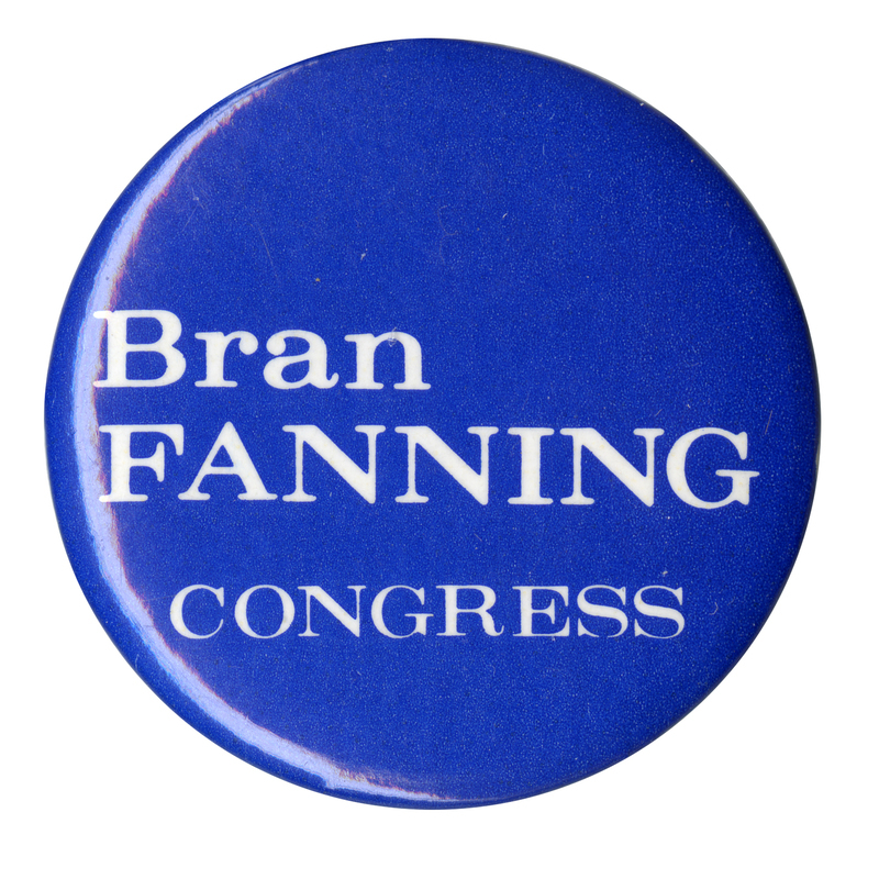 Round, blue button with white text reading "Bran FANNING CONGRESS"