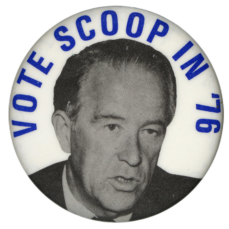 Round, white button with a black and white portrait of Henry "Scoop" Jackson. Blue text reads "VOTE SCOOP IN '76"