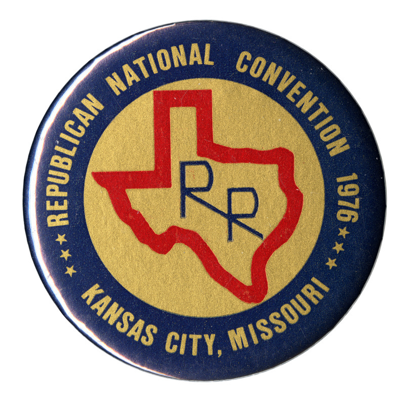 Round, white and blue button with a red outline of the state of Texas containing the letters "R R" in blue. White text around the perimeter reads "REPUBLICAN NATIONAL CONVENTION 1976 KANSAS CITY, MISSOURI"