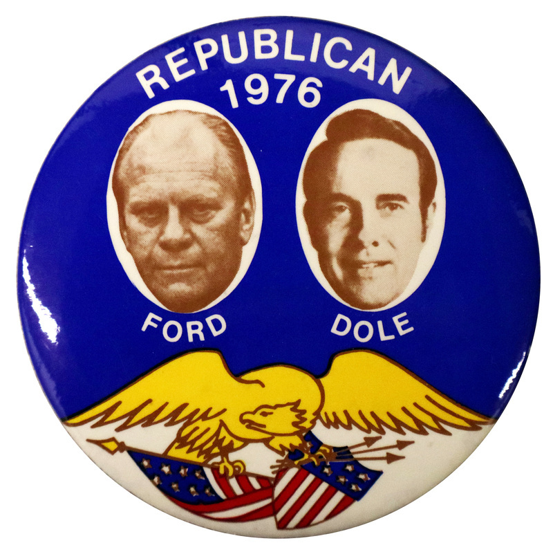 Round, blue and white button with a color drawing of an eagle holding a shield, flag, and arrows. Black and white portraits of Gerald Ford and Bob Dole. White text reads "REPUBLICAN 1976 FORD DOLE"